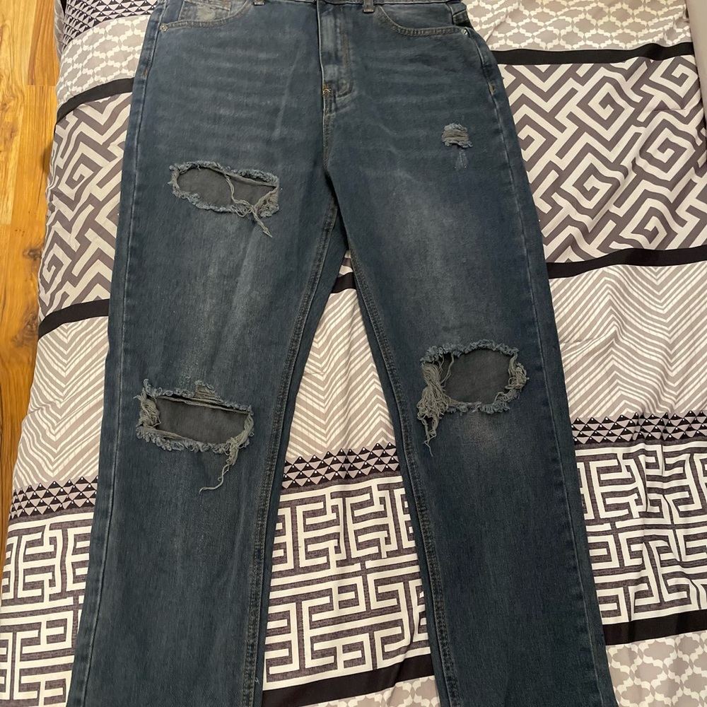 Missguided dark blue wrath slash rip highwaisted straight leg jeans, US 6-UK10